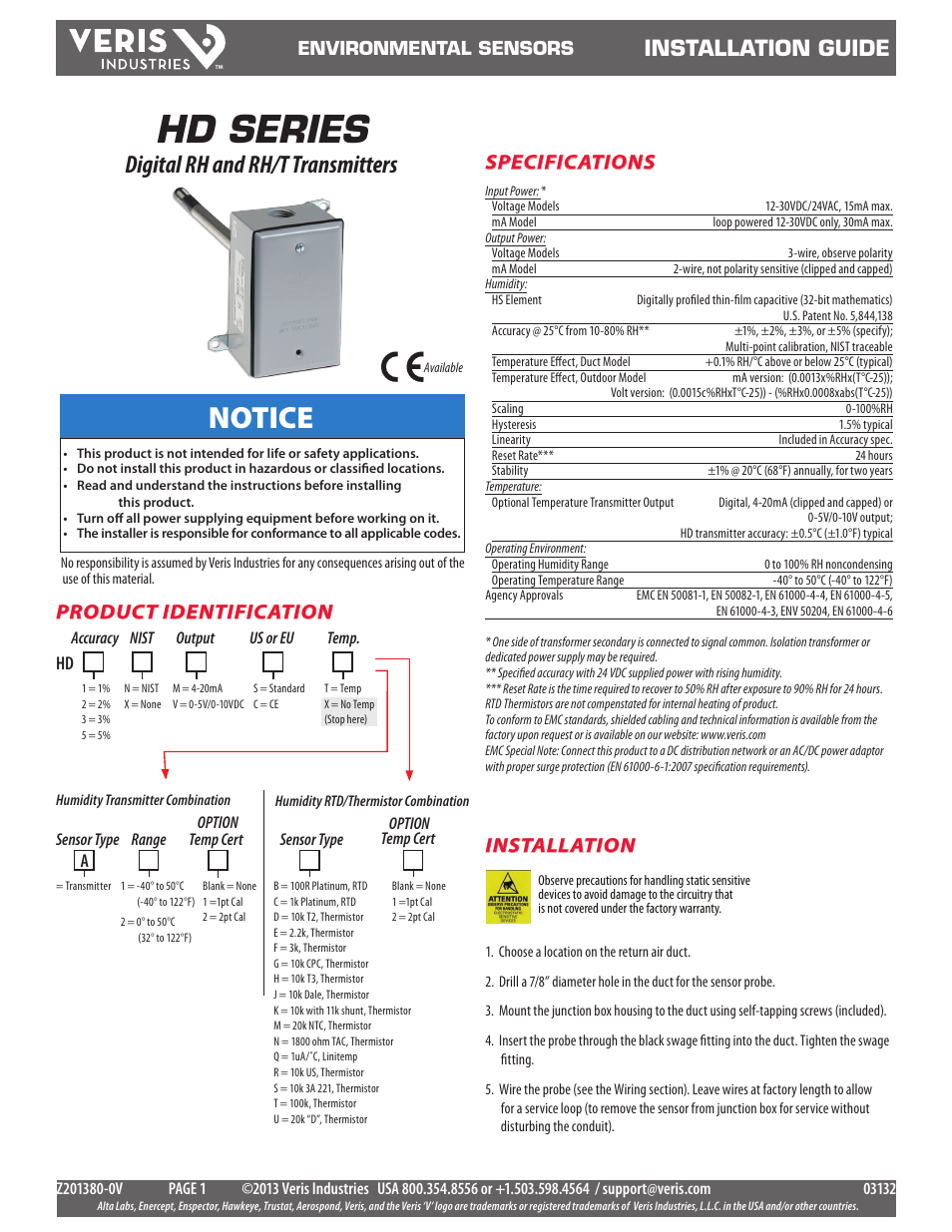 Veris Industries HD SERIES Install User Manual | 3 pages