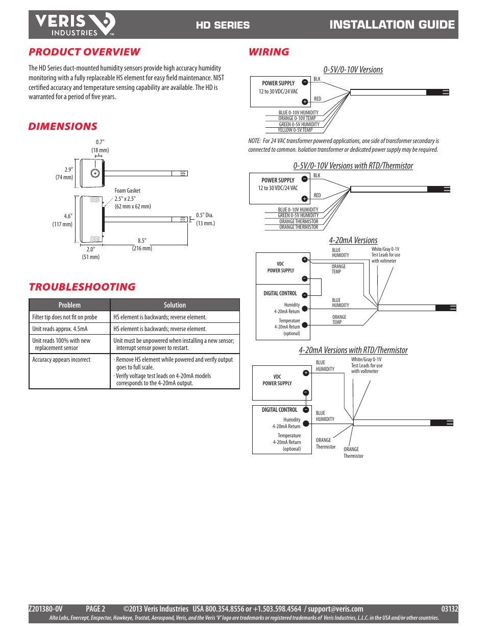 Installation guide, Product overview, Troubleshooting | Dimensions, Wiring, Hd series, 5v/0-10v versions, 5v/0-10v versions with rtd/thermistor, 20ma versions, 20ma versions with rtd/thermistor | Veris Industries HD SERIES Install User Manual | Page 2 / 3
