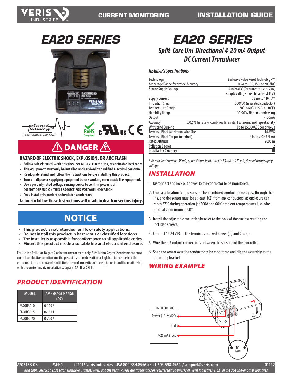 Veris Industries EA20 SERIES Install User Manual | 2 pages