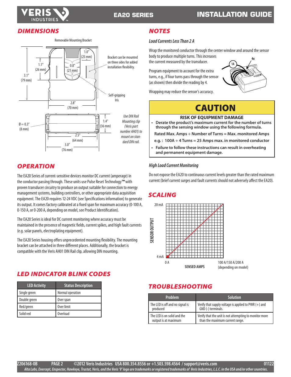 Caution, Installation guide, Operation | Troubleshooting, Scaling, Led indicator blink codes, Dimensions | Veris Industries EA20 SERIES Install User Manual | Page 2 / 2