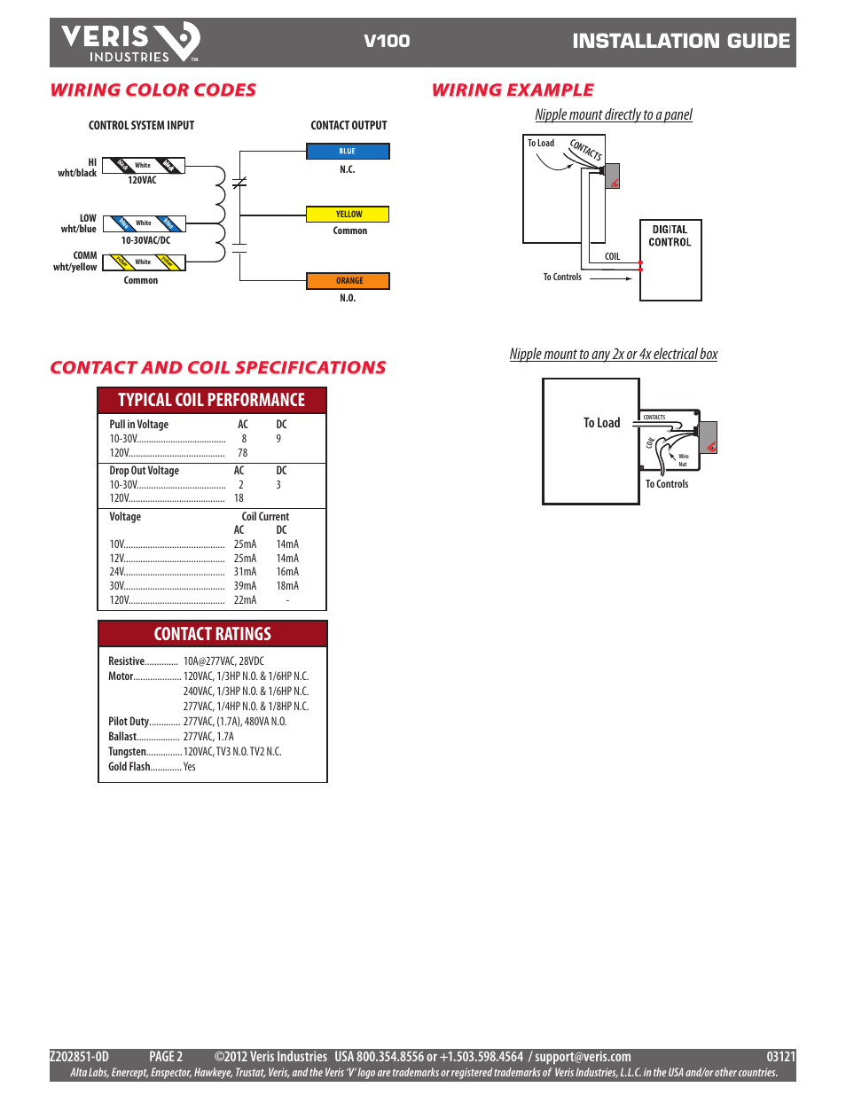 Installation guide, Typical coil performance contact ratings, Wiring example | Wiring color codes contact and coil specifications, V100 | Veris Industries V100 Install User Manual | Page 2 / 2