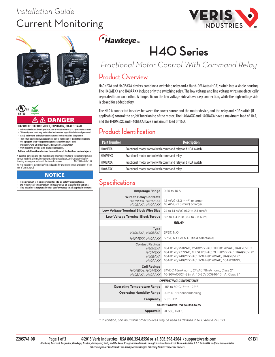 Veris Industries H40 SERIES Install User Manual | 3 pages