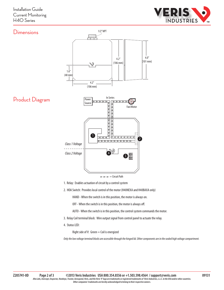 Dimensions, Product diagram, Installation guide current monitoring h40 series | Veris Industries H40 SERIES Install User Manual | Page 2 / 3