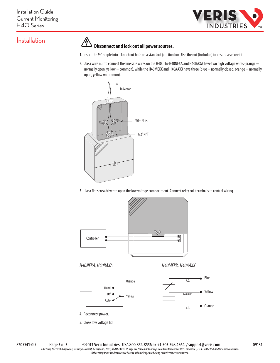 Installation, Installation guide current monitoring h40 series | Veris Industries H40 SERIES Install User Manual | Page 3 / 3