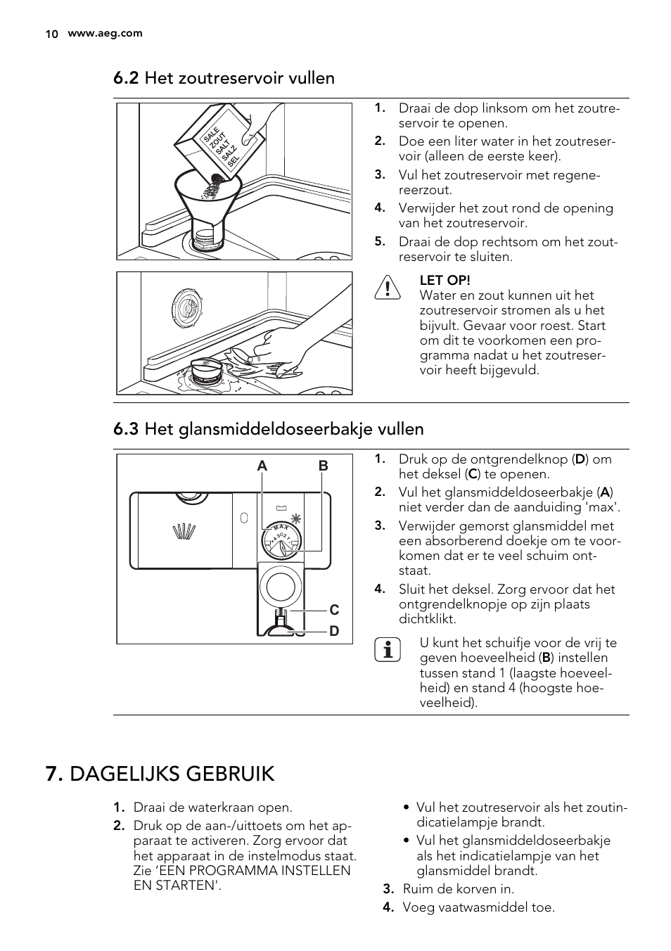 Dagelijks gebruik, 2 het zoutreservoir vullen, 3 het glansmiddeldoseerbakje vullen | AEG F 77012 M 0 P User Manual | Page 10 / 76