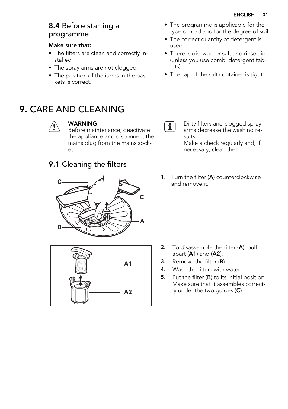 Care and cleaning, 4 before starting a programme, 1 cleaning the filters | AEG F 77012 M 0 P User Manual | Page 31 / 76