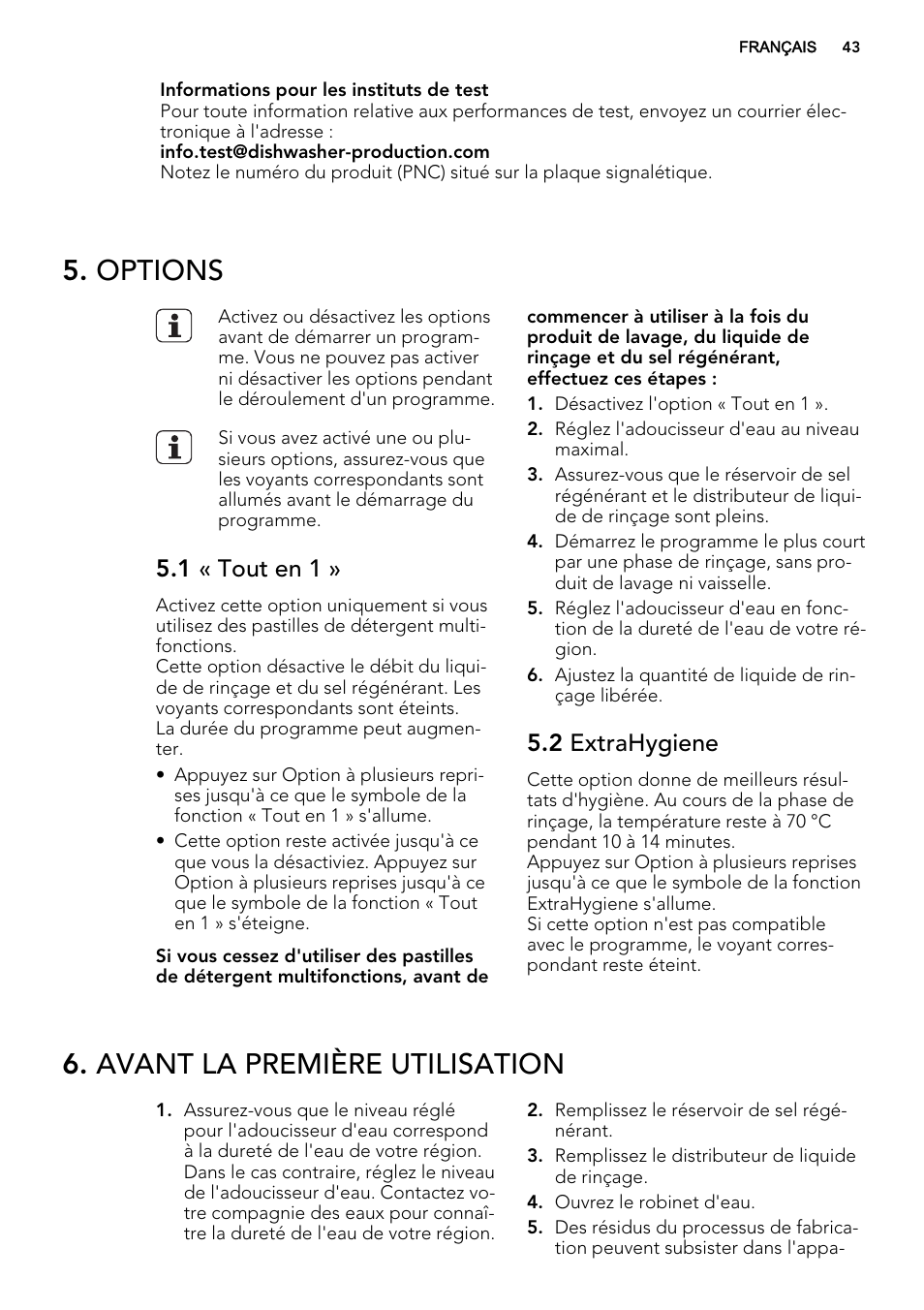 Options, Avant la première utilisation, 1 « tout en 1 | 2 extrahygiene | AEG F 77012 M 0 P User Manual | Page 43 / 76