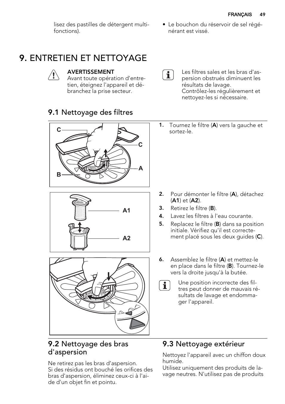 Entretien et nettoyage, 1 nettoyage des filtres, 2 nettoyage des bras d'aspersion | 3 nettoyage extérieur | AEG F 77012 M 0 P User Manual | Page 49 / 76