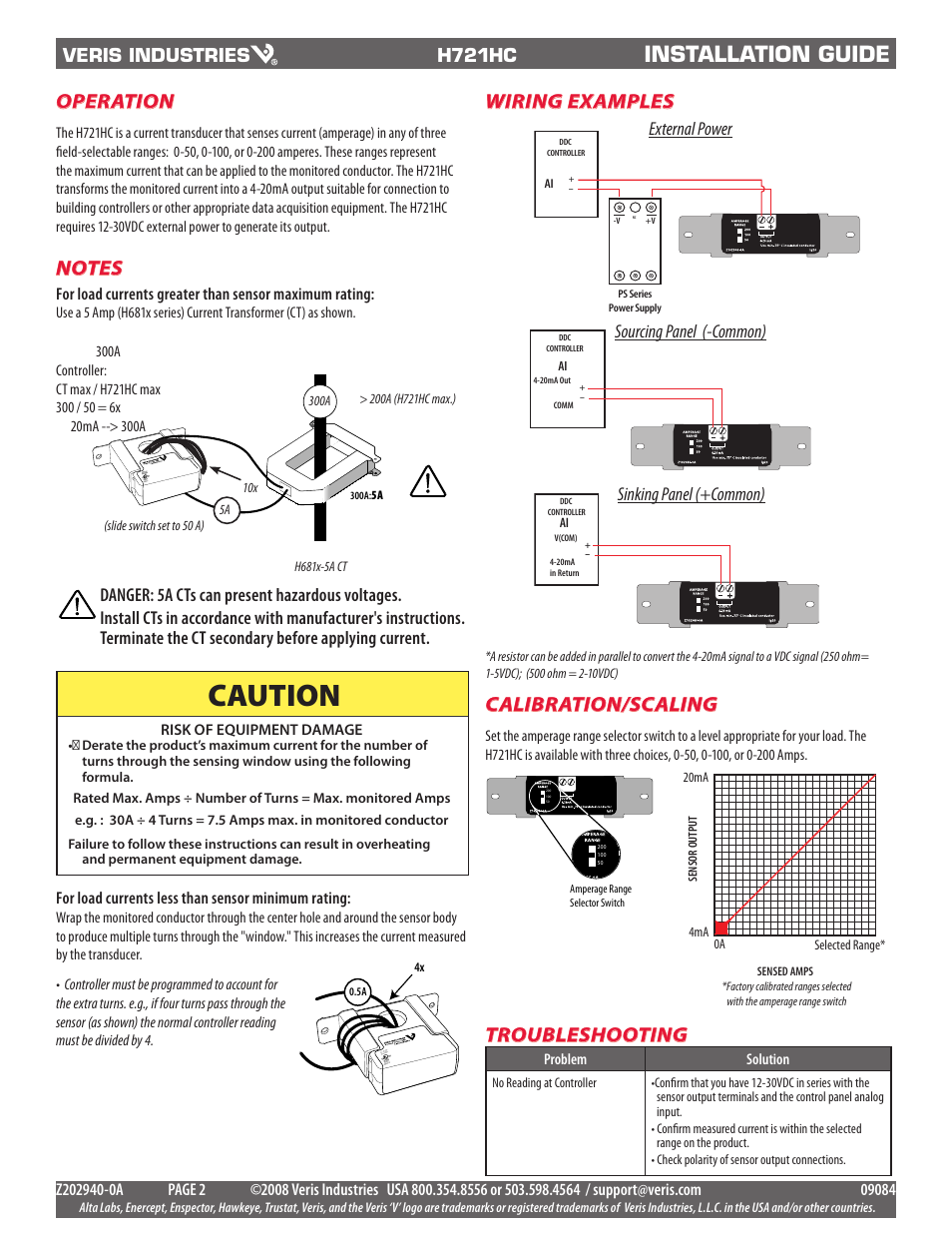 Caution, Installation guide, Operation | Troubleshooting, Wiring examples, Calibration/scaling, H721hc, External power sourcing panel (-common), Sinking panel (+common) | Veris Industries H721HC Install User Manual | Page 2 / 2