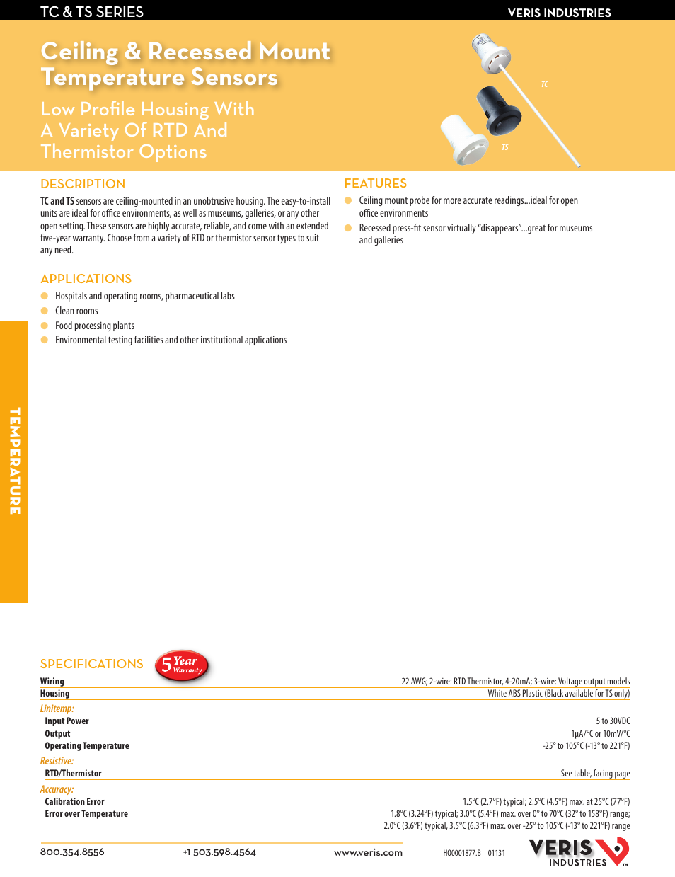 Veris Industries TS SERIES Datasheet User Manual | 2 pages