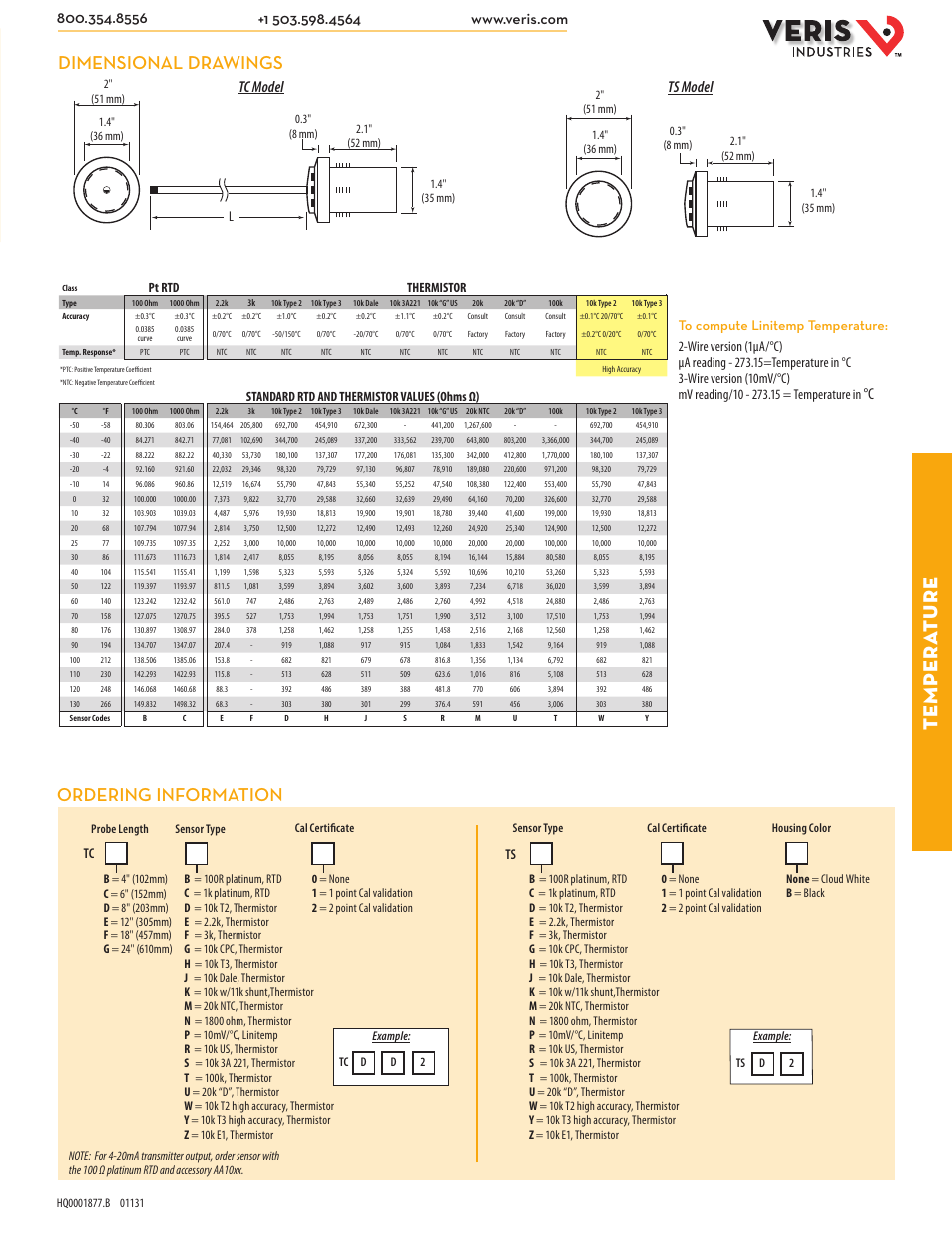 Table of standard rtd and thermistor values, Te mpera ture, Dimensional drawings ordering information | Ts model, Tc model | Veris Industries TS SERIES Datasheet User Manual | Page 2 / 2