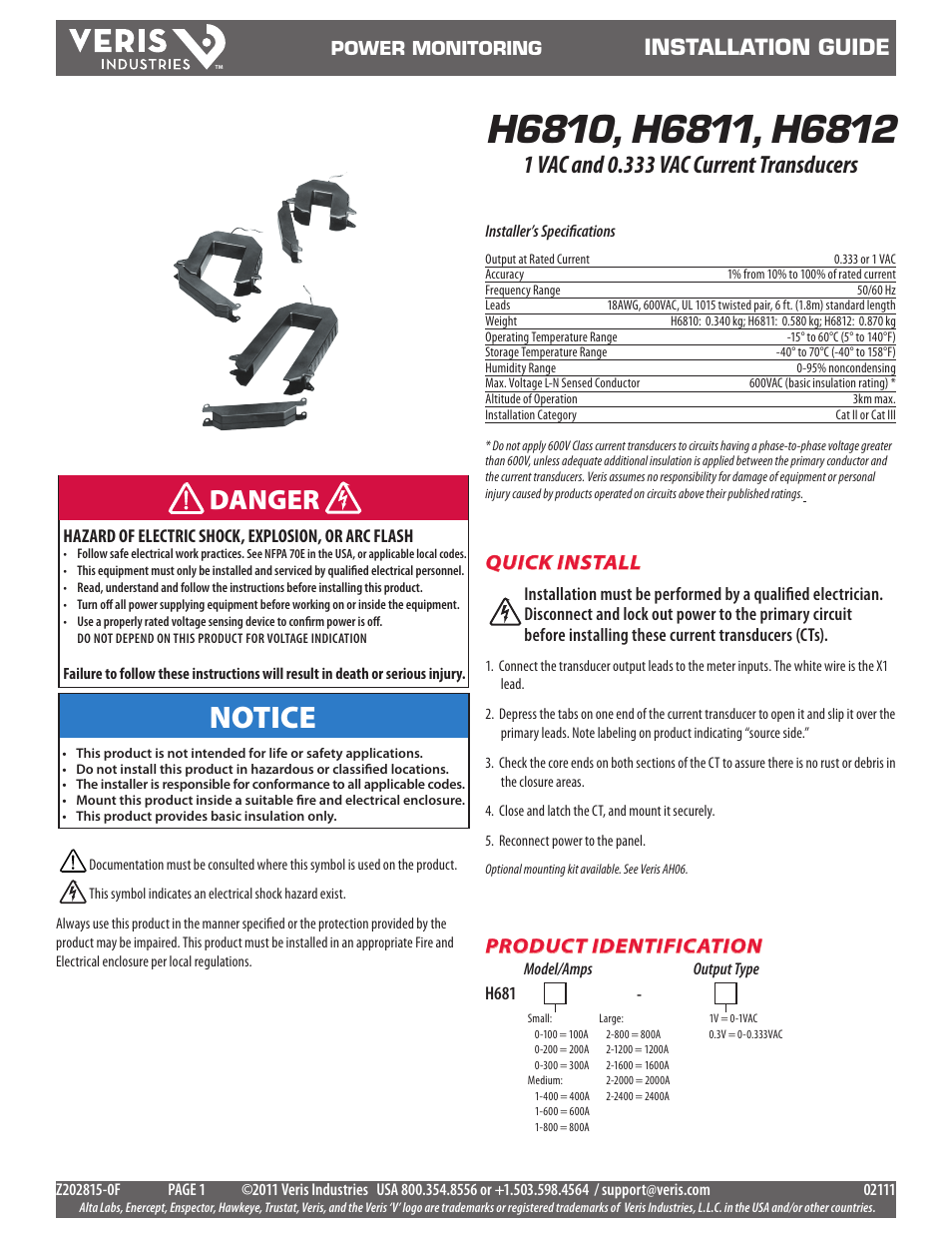 Veris Industries H6812 SERIES Install User Manual | 2 pages