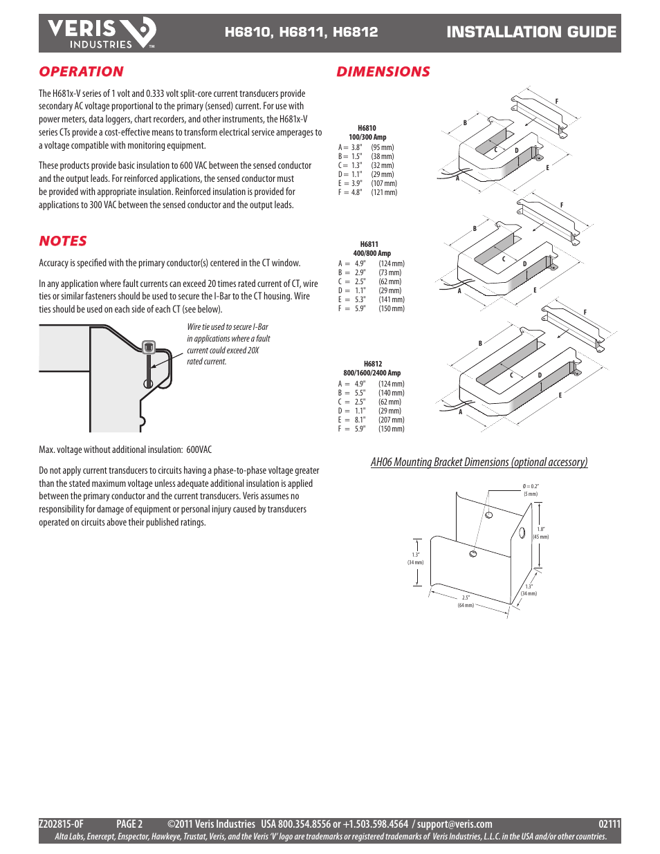 Installation guide, Operation, Dimensions | Veris Industries H6812 SERIES Install User Manual | Page 2 / 2