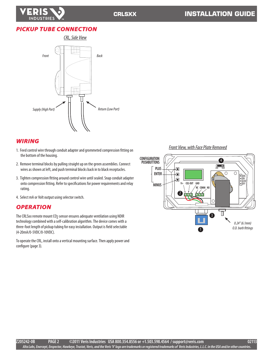 Installation guide, Wiring, Operation | Pickup tube connection, Crlsxx, Front view, with face plate removed crl, side view | Veris Industries CRLSxx Install User Manual | Page 2 / 4