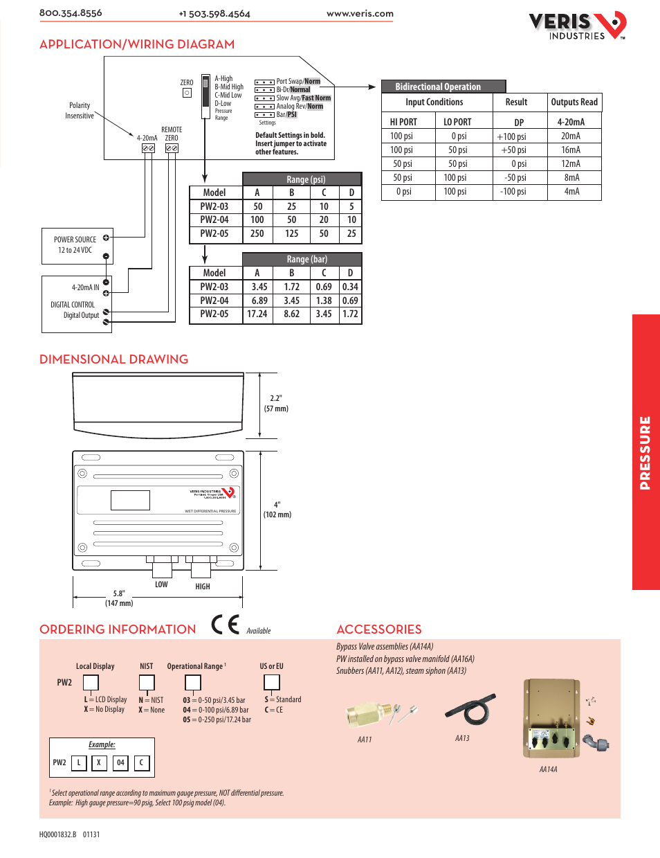 Pressure, Accessories, Application/wiring diagram dimensional drawing | Ordering information | Veris Industries PW2 SERIES Datasheet User Manual | Page 2 / 2