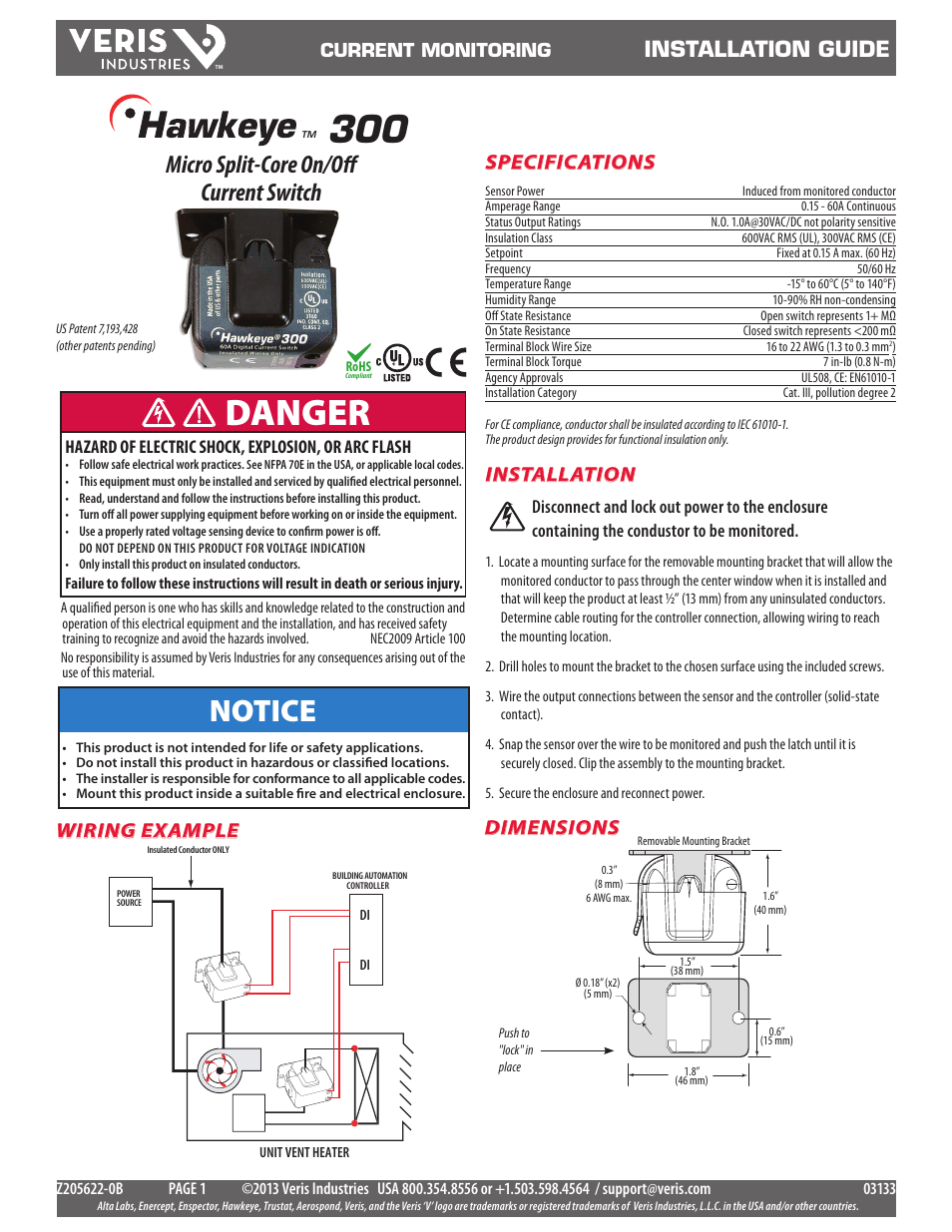 Veris Industries H300 Install User Manual | 2 pages