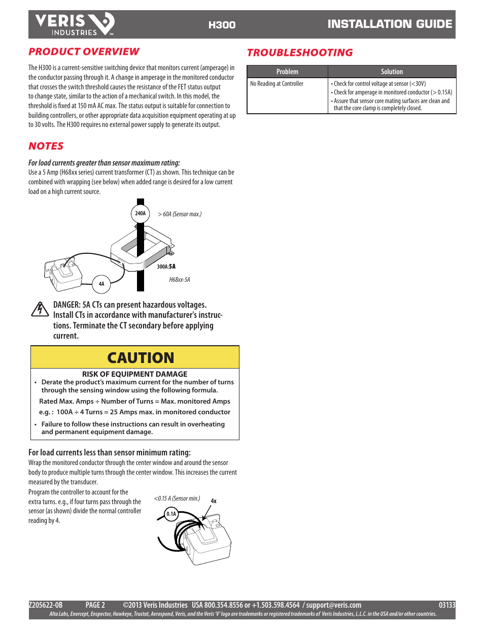 Caution, Installation guide, Product overview | Troubleshooting | Veris Industries H300 Install User Manual | Page 2 / 2