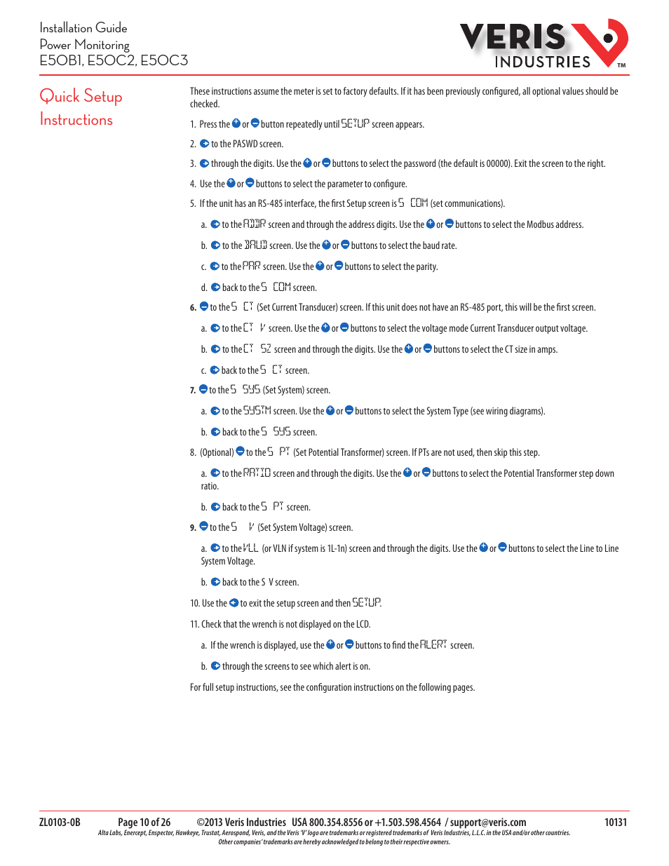 Quick setup instructions | Veris Industries E50C3 Install User Manual | Page 10 / 26