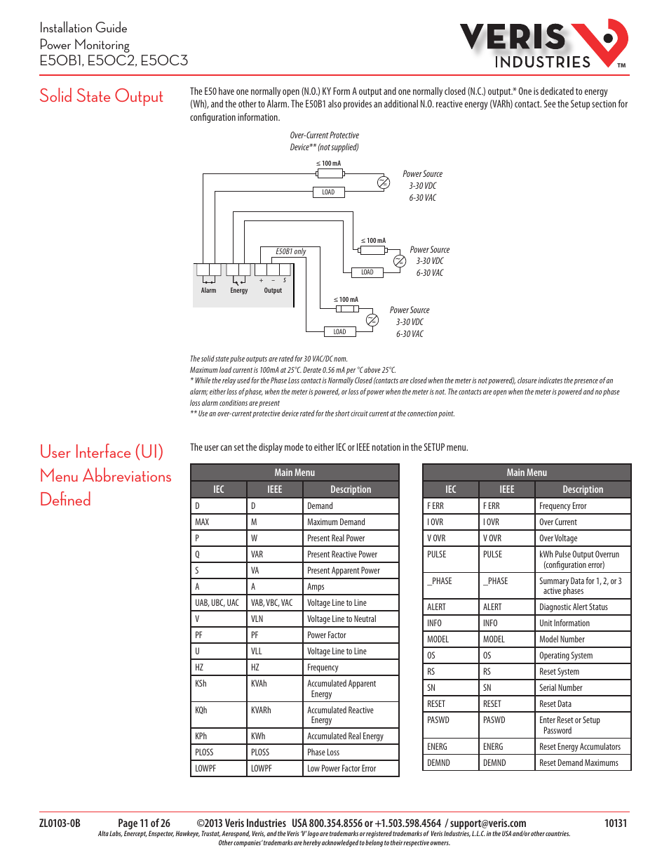 Solid state output, User interface (ui) menu abbreviations defined | Veris Industries E50C3 Install User Manual | Page 11 / 26