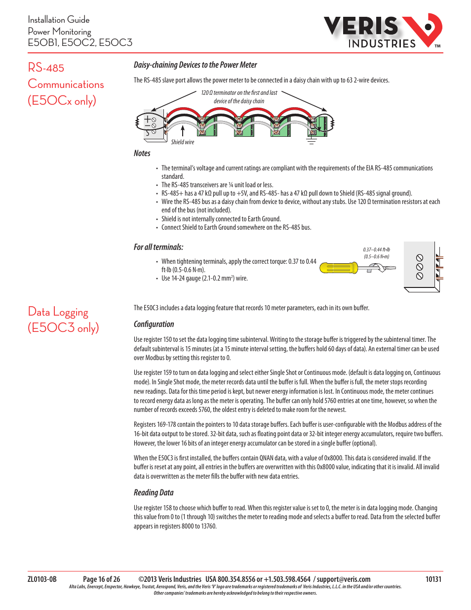 Data logging (e50c3 only) | Veris Industries E50C3 Install User Manual | Page 16 / 26