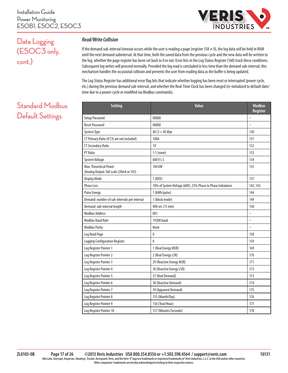 Data logging (e50c3 only, cont.), Standard modbus default settings, Read/write collision | Veris Industries E50C3 Install User Manual | Page 17 / 26