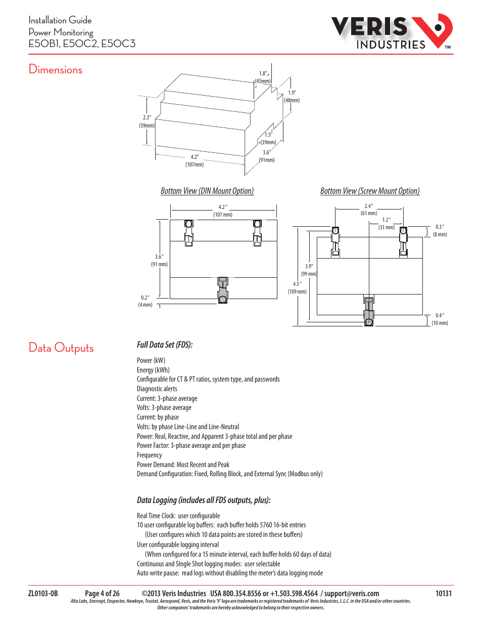 Dimensions, Data outputs, Data logging (includes all fds outputs, plus) | Veris Industries E50C3 Install User Manual | Page 4 / 26