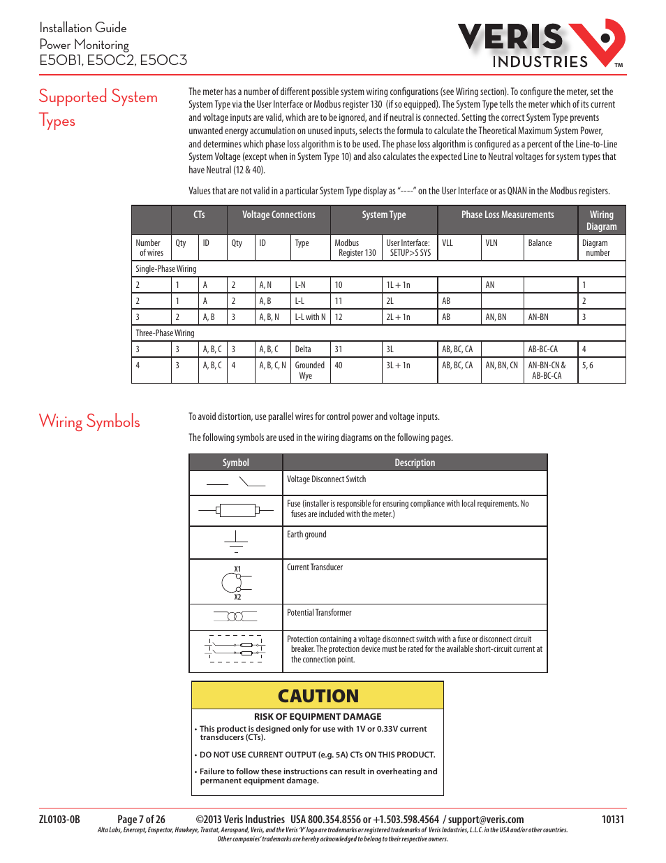 Supported system types, Wiring symbols, Caution | Veris Industries E50C3 Install User Manual | Page 7 / 26