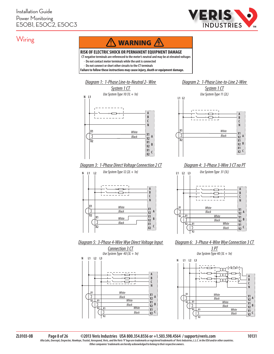 Wiring, Warning, Diagram 3: 1-phase direct voltage connection 2 ct | Diagram 4: 3-phase 3-wire 3 ct no pt | Veris Industries E50C3 Install User Manual | Page 8 / 26