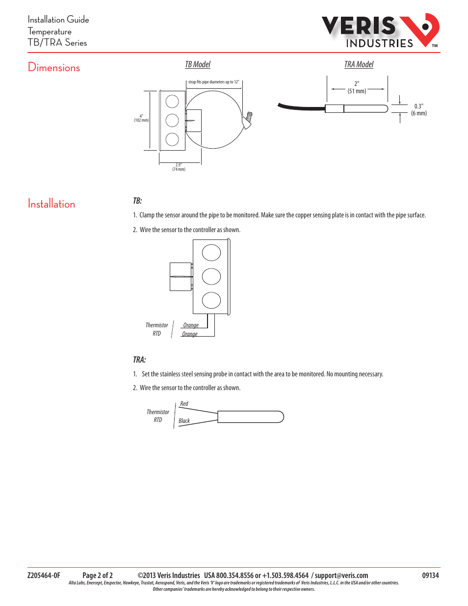 Dimensions installation, Installation guide temperature tb/tra series | Veris Industries TB SERIES Install User Manual | Page 2 / 2