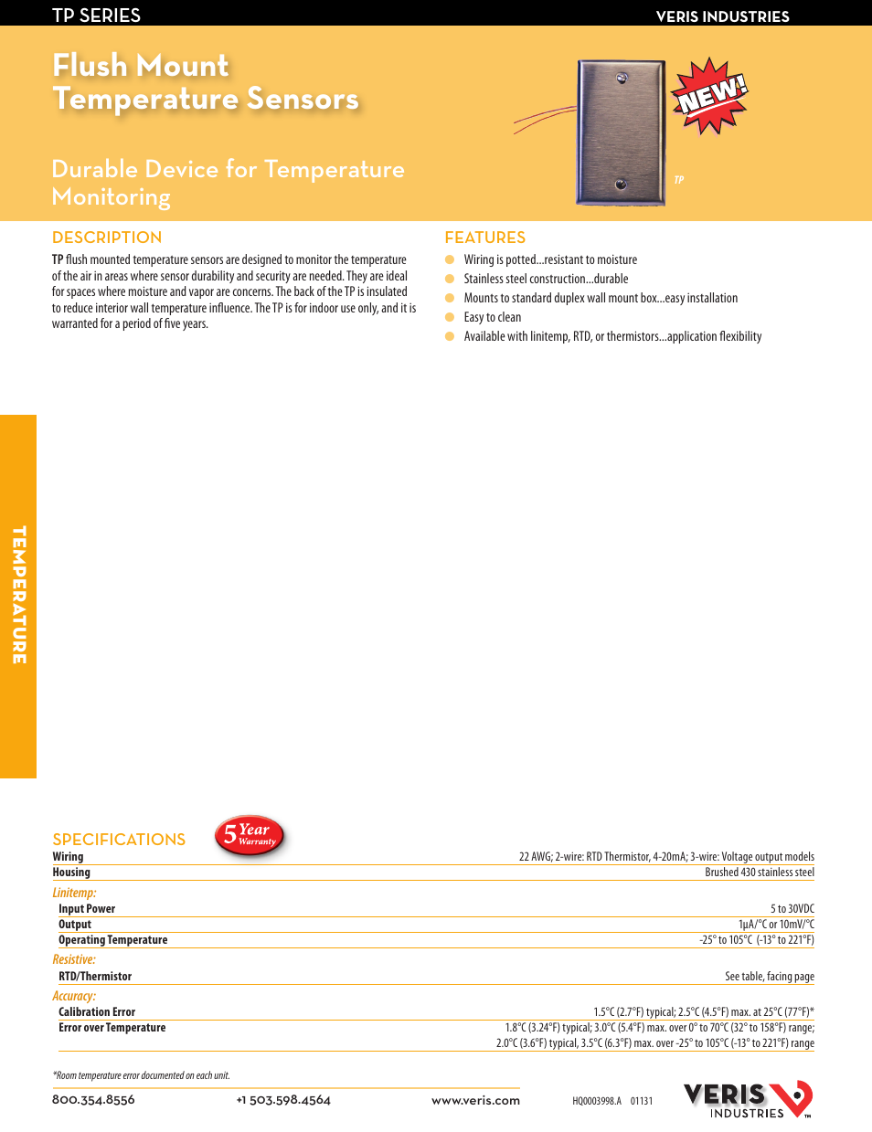Veris Industries TP SERIES Datasheet User Manual | 2 pages