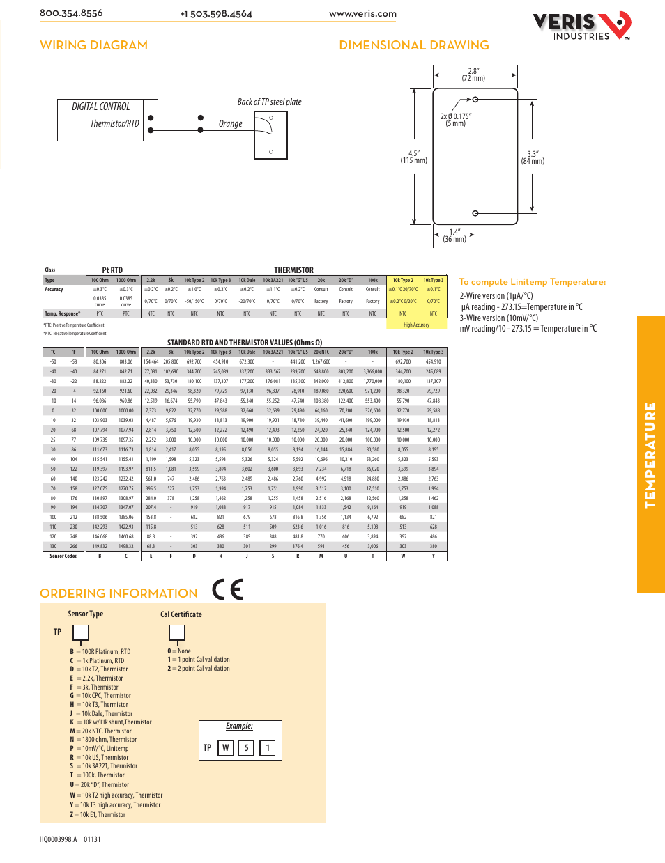 Table of standard rtd and thermistor values, Te mpera ture, Ordering information | Dimensional drawing, Wiring diagram, Digital control, Tp w 5 1, Thermistor/rtd orange back of tp steel plate | Veris Industries TP SERIES Datasheet User Manual | Page 2 / 2