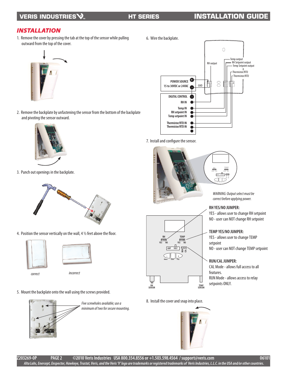 Installation guide, Installation, Veris industries | Ht series, Install and configure the sensor, Correct incorrect | Veris Industries HT SERIES Install User Manual | Page 2 / 4