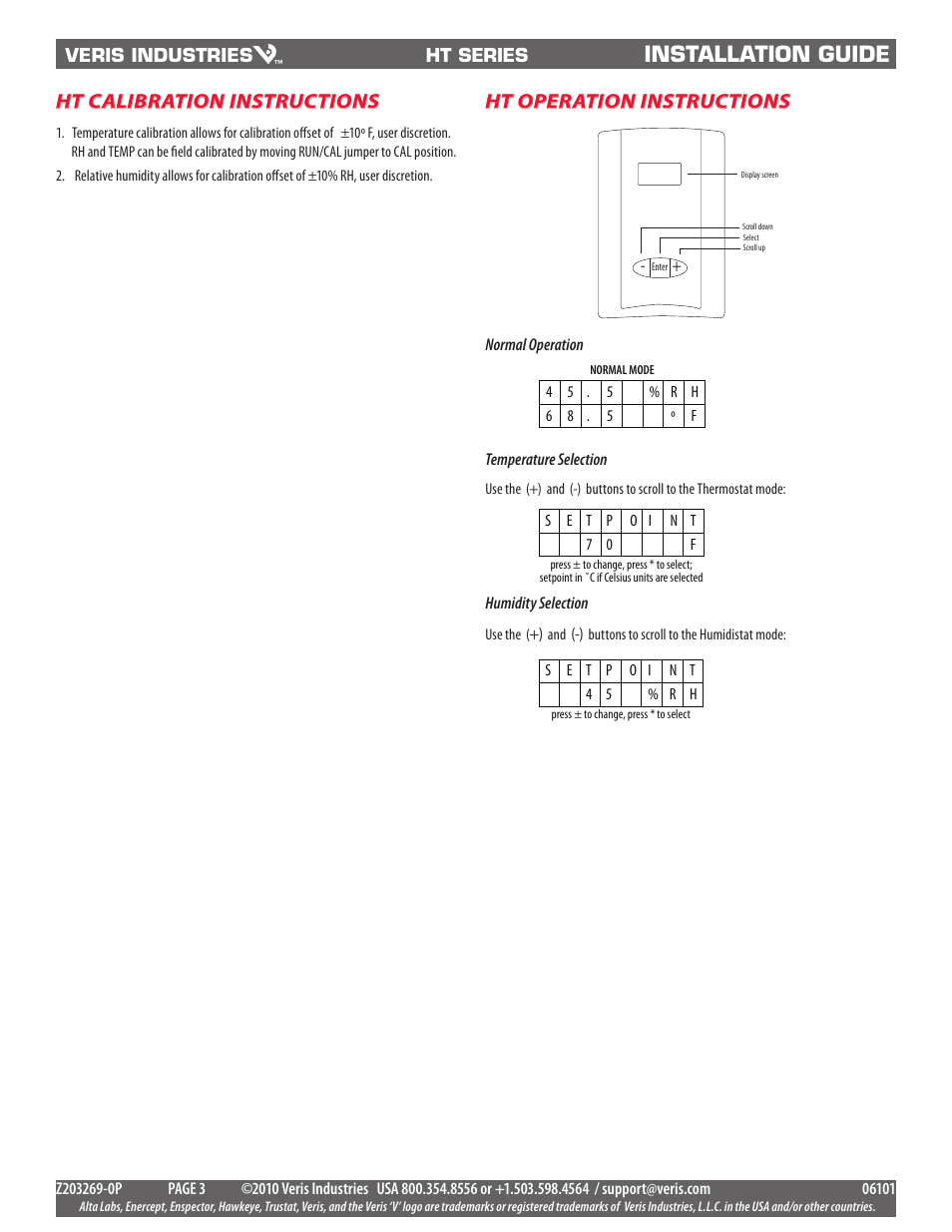 Installation guide, Ht calibration instructions, Ht operation instructions | Veris Industries HT SERIES Install User Manual | Page 3 / 4