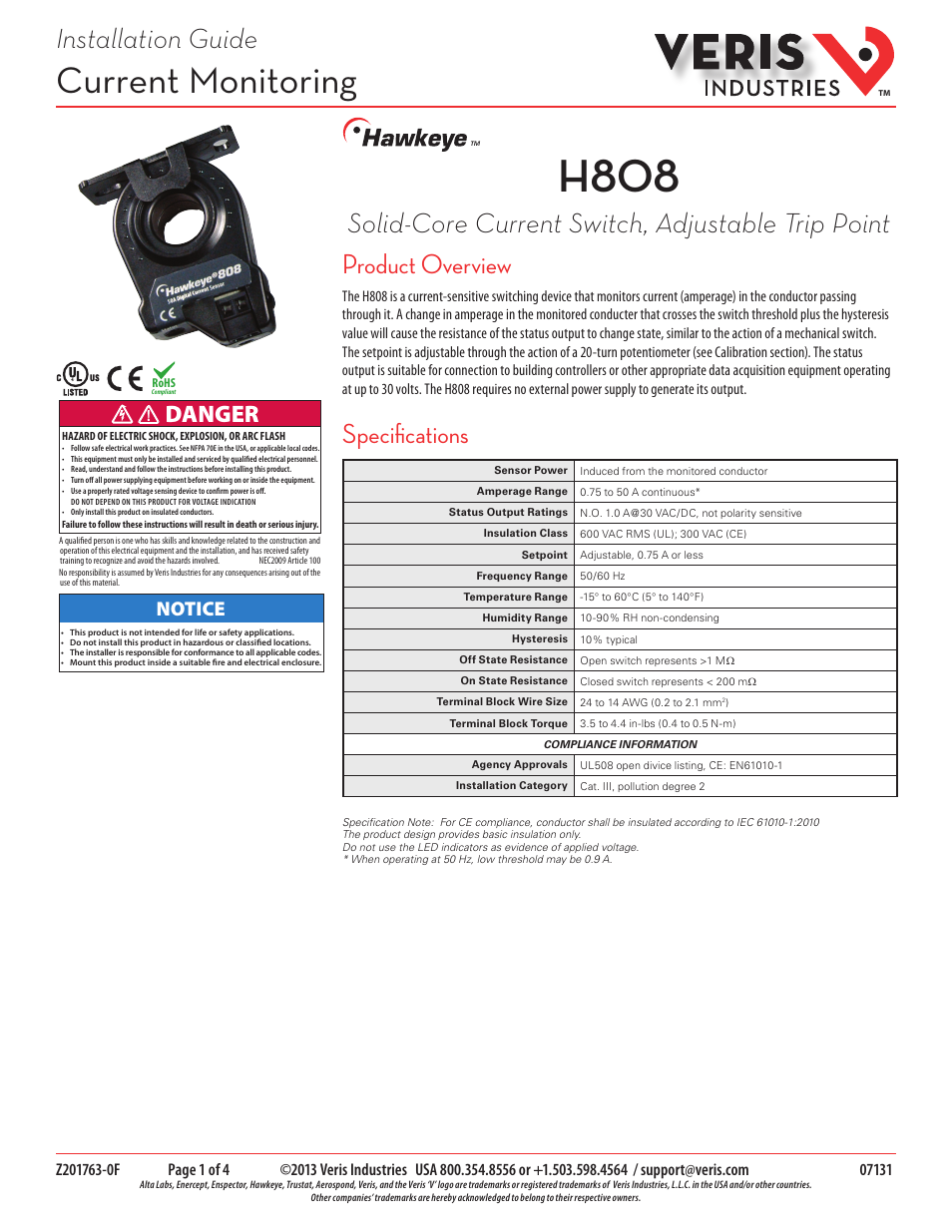 Veris Industries H808 Install User Manual | 4 pages