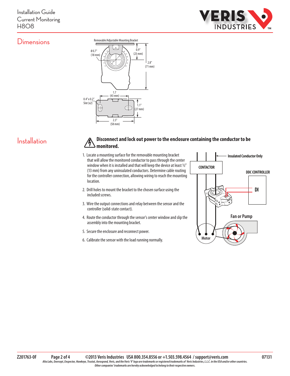 Installation, Dimensions, Installation guide current monitoring h808 | Veris Industries H808 Install User Manual | Page 2 / 4