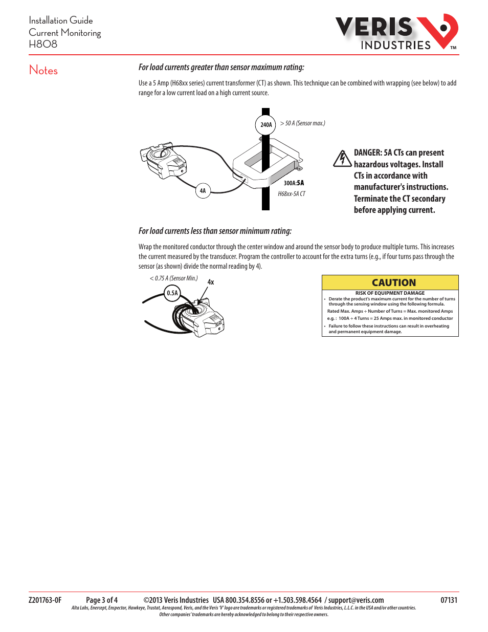 Installation guide current monitoring h808, Caution | Veris Industries H808 Install User Manual | Page 3 / 4