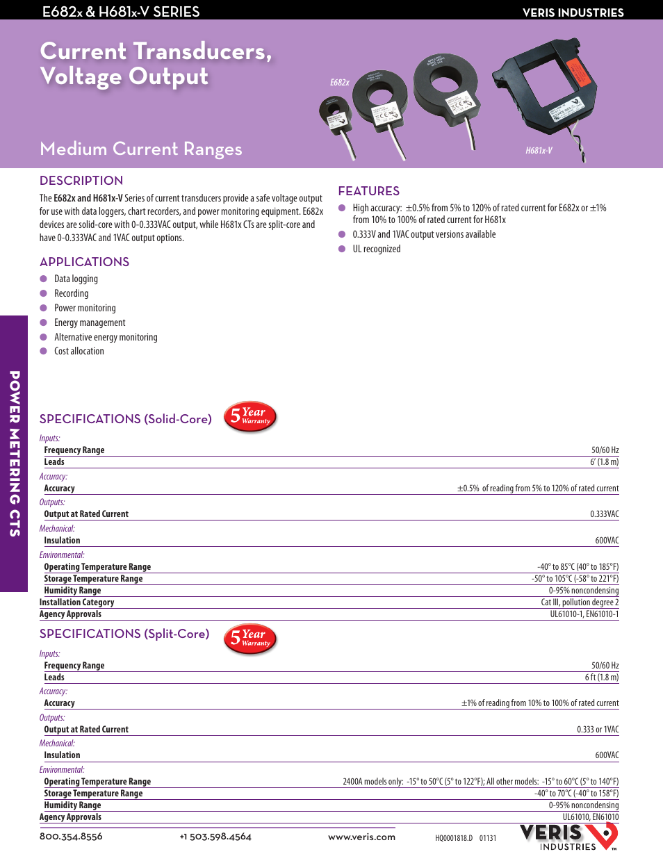 Veris Industries H681x-V SERIES Datasheet User Manual | 2 pages