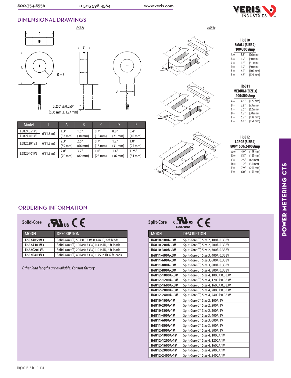 Po wer metering ct s, Dimensional drawings, Ordering information | Solid-core, Split-core | Veris Industries H681x-V SERIES Datasheet User Manual | Page 2 / 2