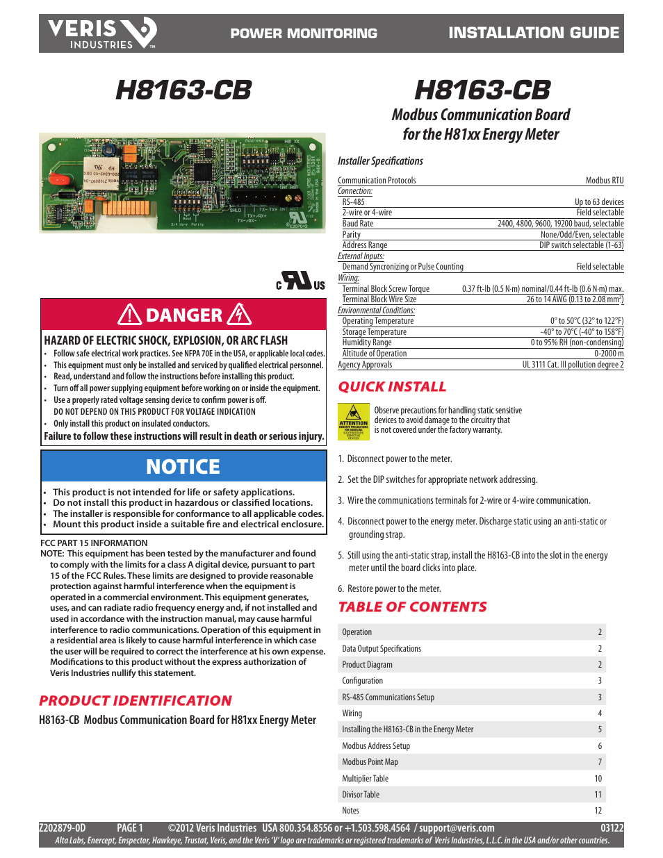 Veris Industries H8163-CB Install User Manual | 12 pages