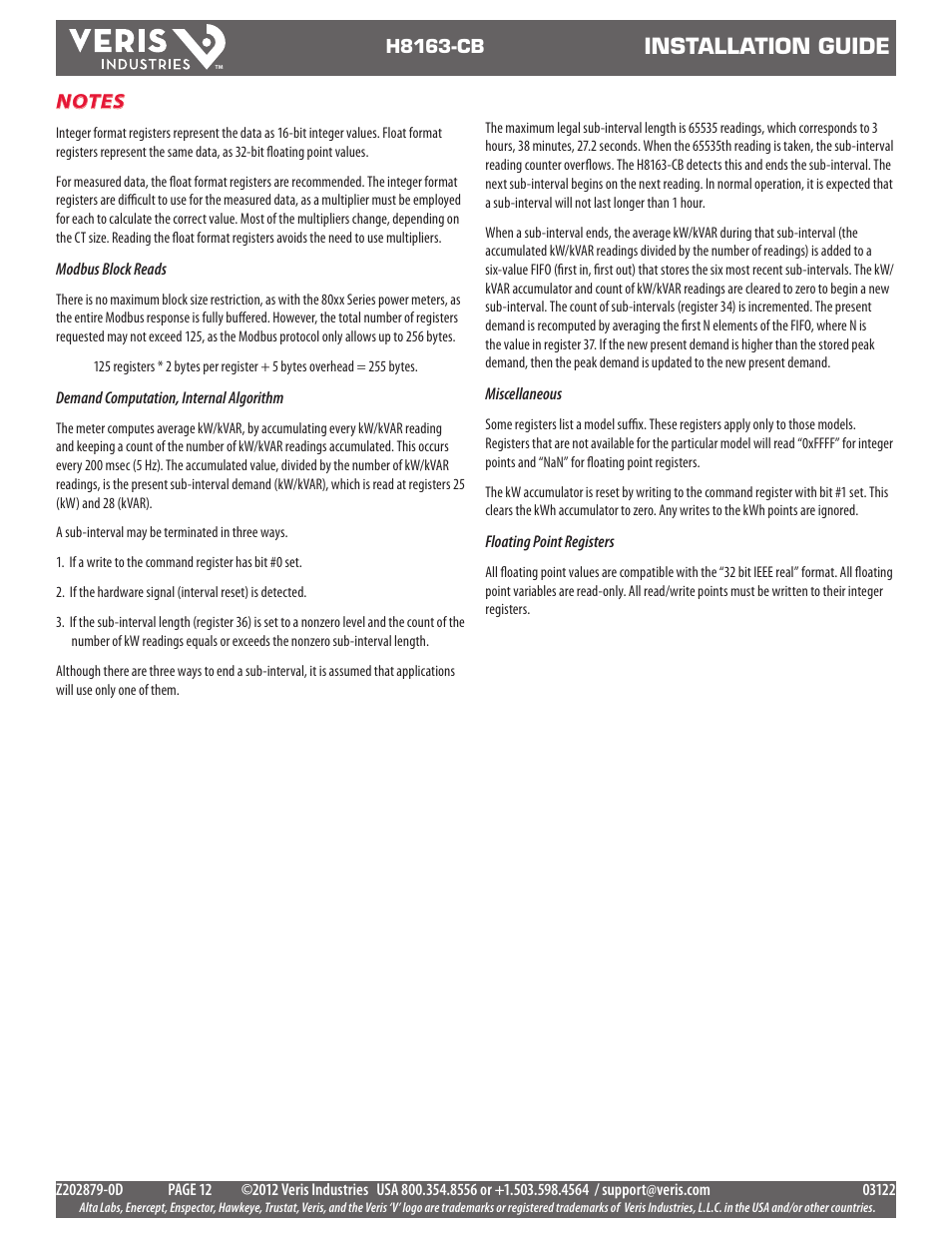 Installation guide | Veris Industries H8163-CB Install User Manual | Page 12 / 12