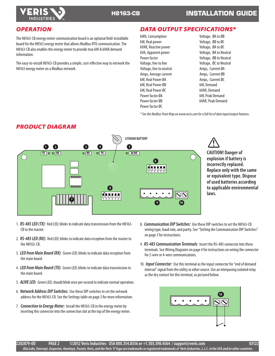 Installation guide, Operation, Product diagram | Data output specifications, H8163-cb | Veris Industries H8163-CB Install User Manual | Page 2 / 12