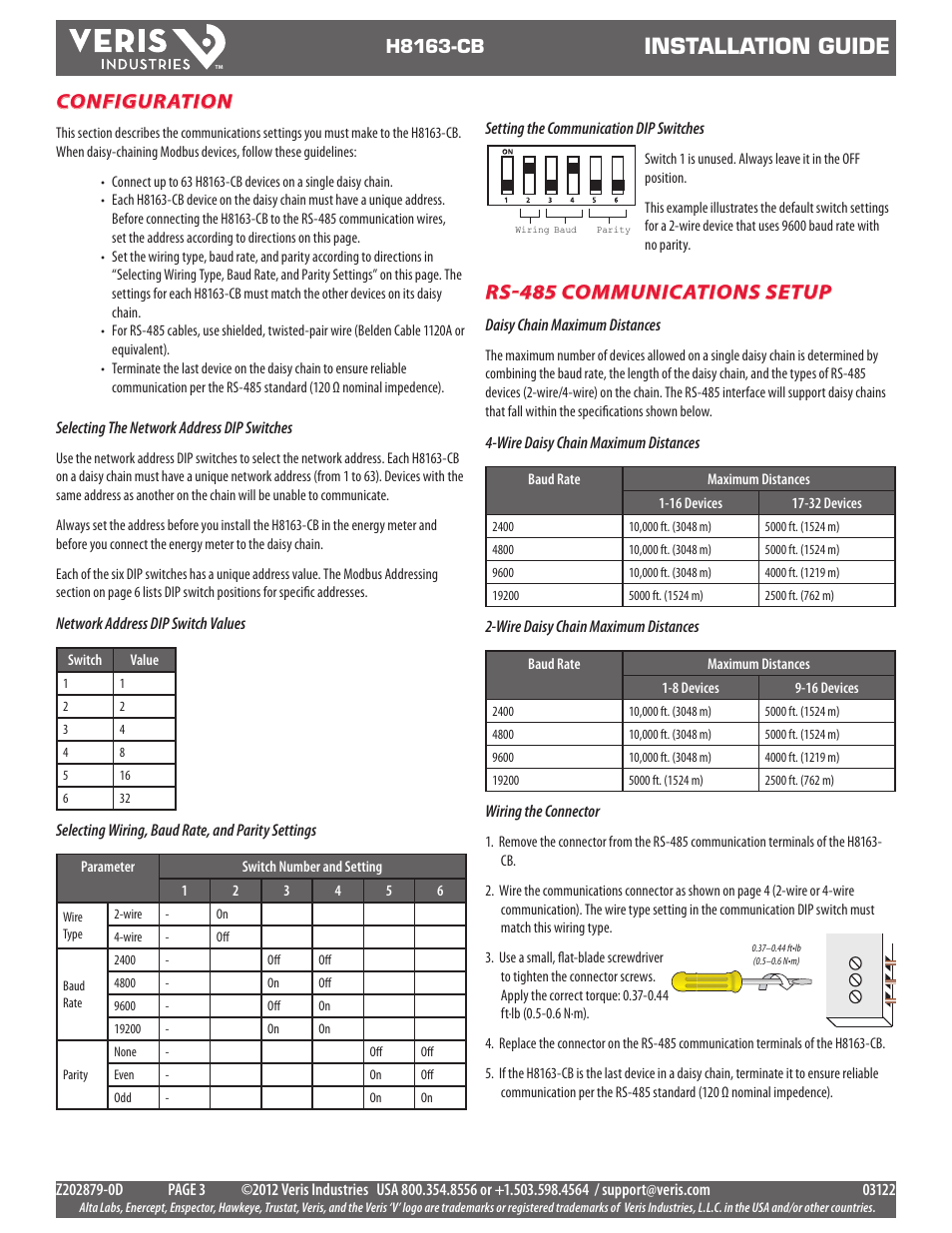Installation guide, Configuration, Rs-485 communications setup | H8163-cb | Veris Industries H8163-CB Install User Manual | Page 3 / 12