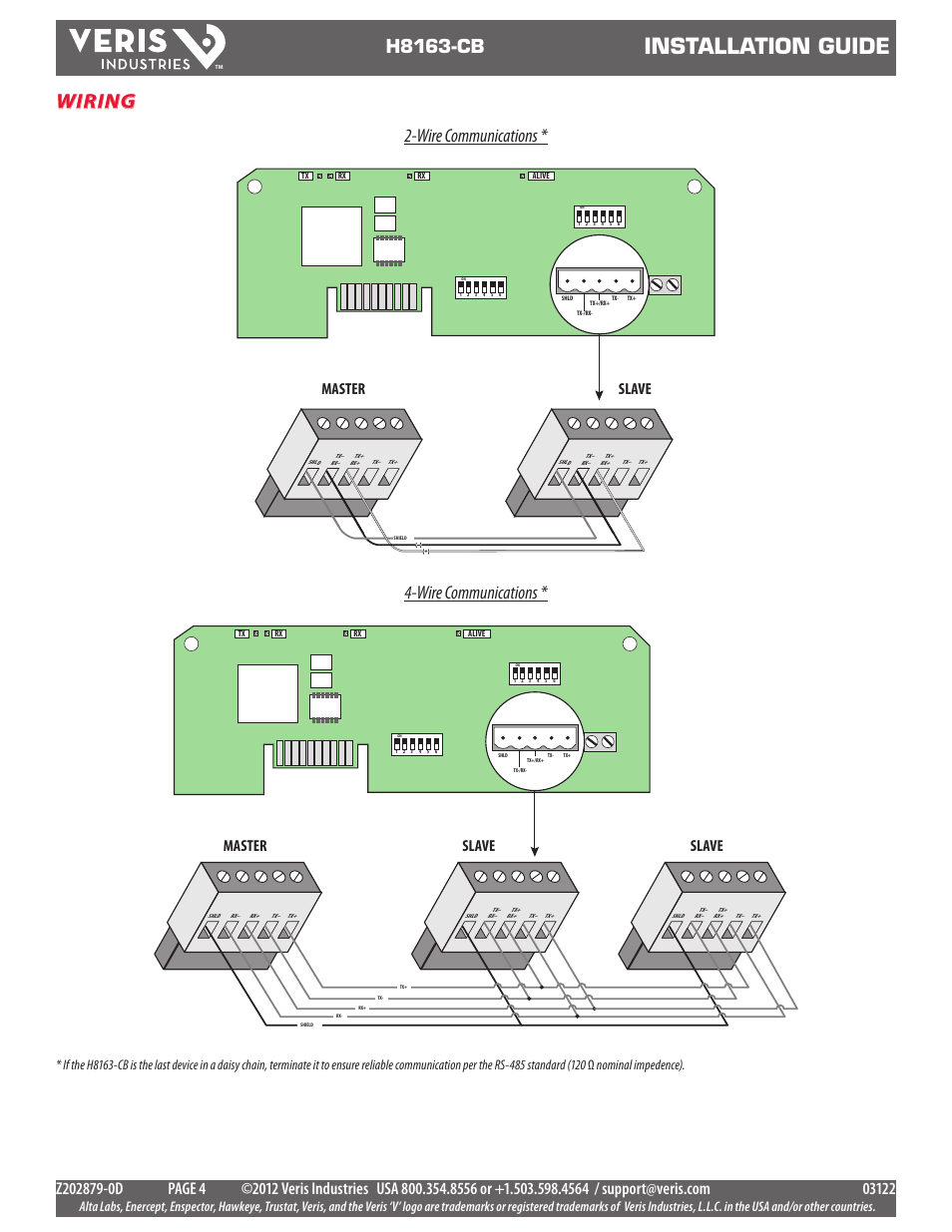 Installation guide, Wiring, H8163-cb | Wire communications, Master slave, Master slave slave | Veris Industries H8163-CB Install User Manual | Page 4 / 12