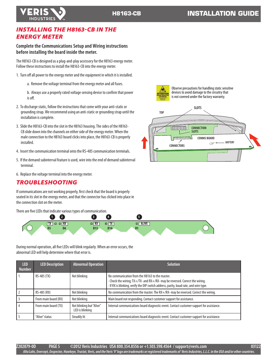 Installation guide, Installing the h8163-cb in the energy meter, Troubleshooting | H8163-cb | Veris Industries H8163-CB Install User Manual | Page 5 / 12