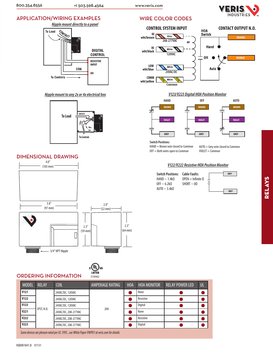 Rel ay s, Dimensional drawing application/wiring examples, Wire color codes | Ordering information, Control system input contact output n.o | Veris Industries V121 SERIES Datasheet User Manual | Page 2 / 2