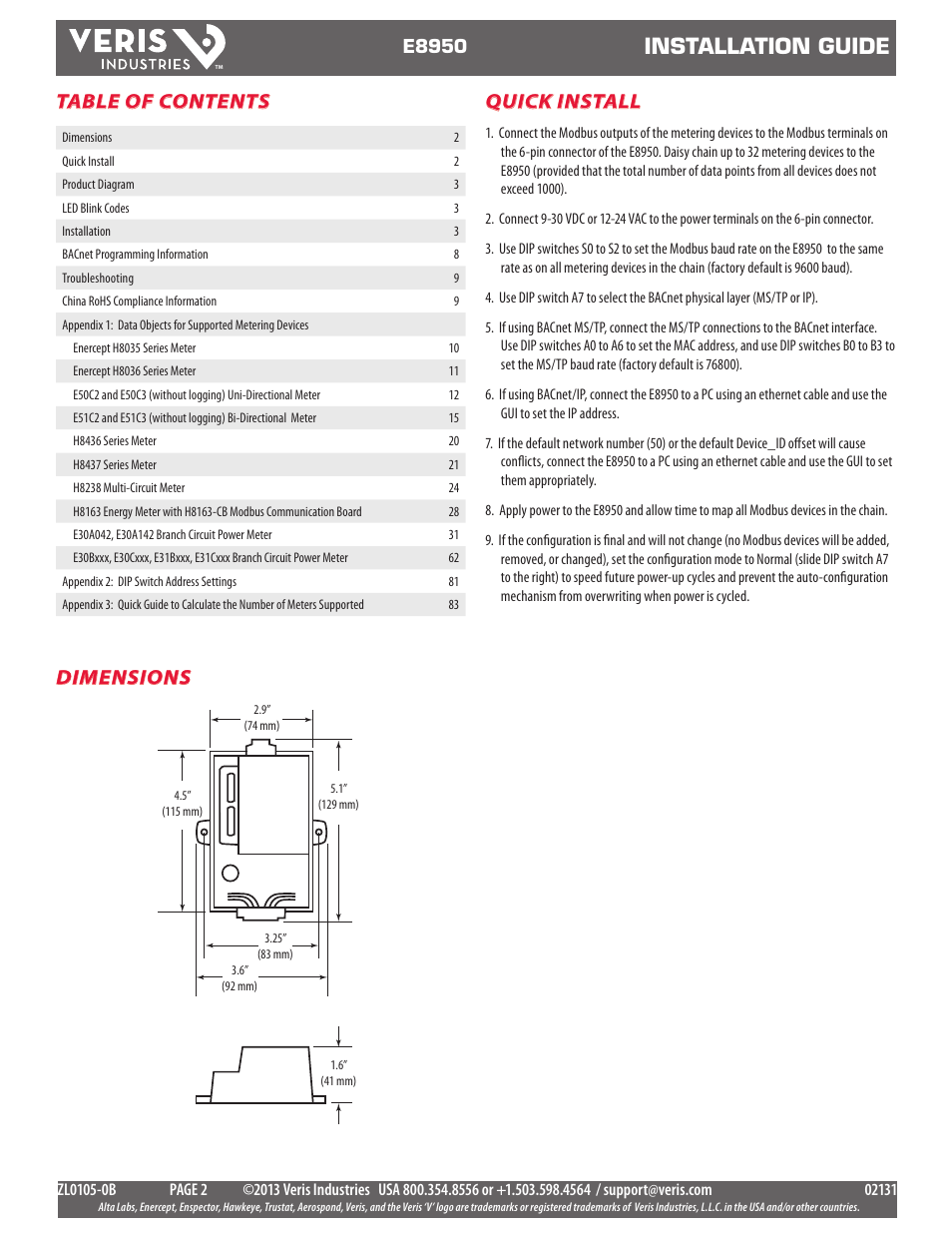 Veris Industries E8950 Install User Manual | Page 2 / 83