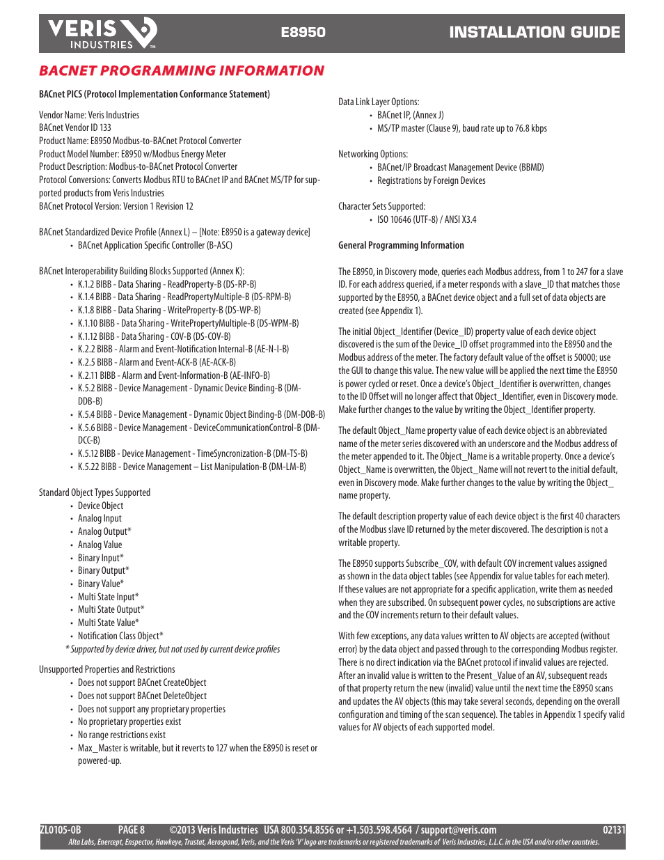 Installation guide, Bacnet programming information | Veris Industries E8950 Install User Manual | Page 8 / 83