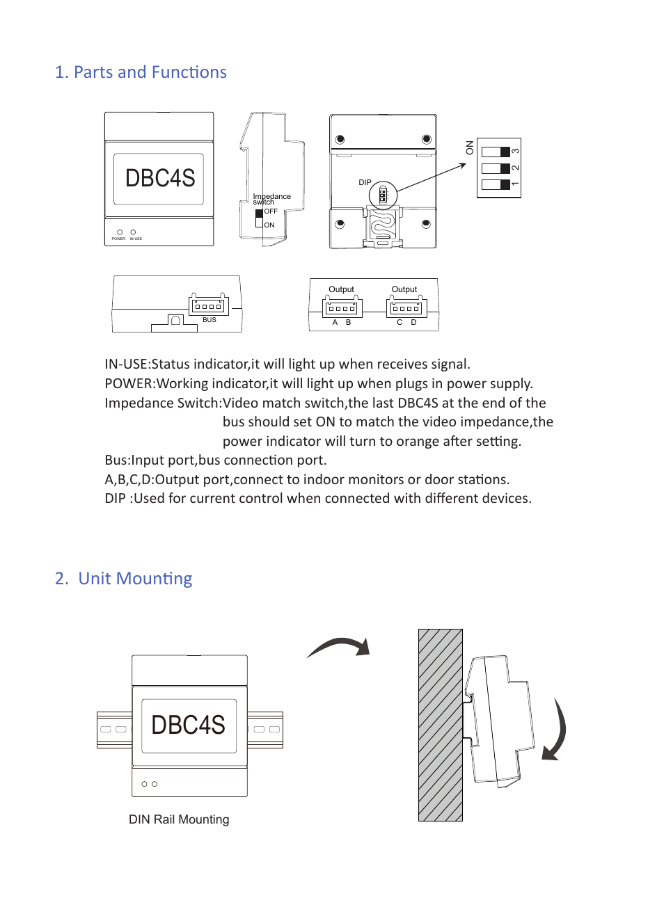 Dbc4s, Parts and functions 2. unit mounting | V-Tech DT-DBC4S Info User Manual | Page 2 / 3