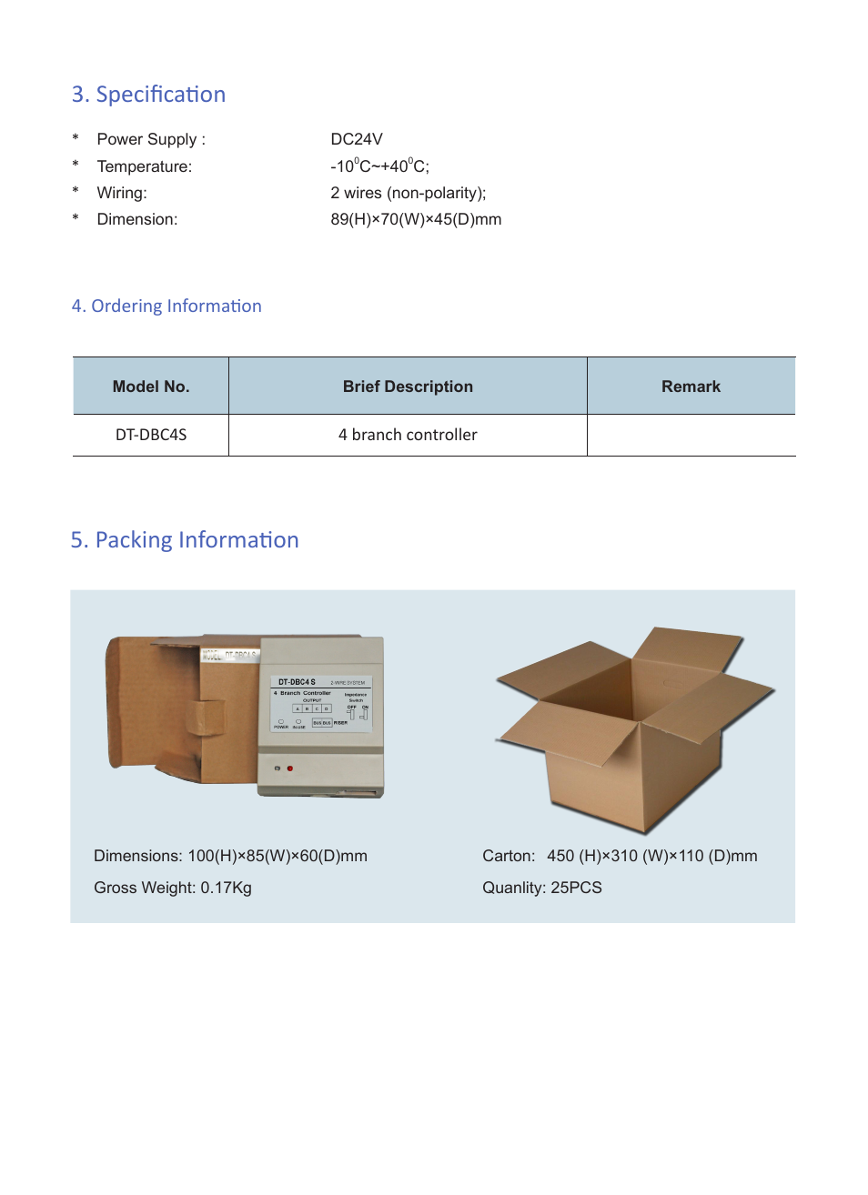 Specification, Packing information, Ordering information | V-Tech DT-DBC4S Info User Manual | Page 3 / 3