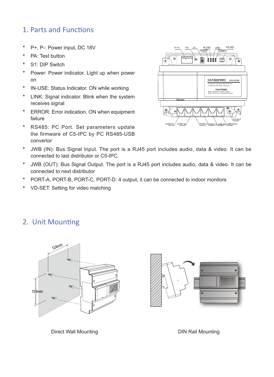 Parts and functions 2. unit mounting | V-Tech C5-F422 Info User Manual | Page 2 / 3